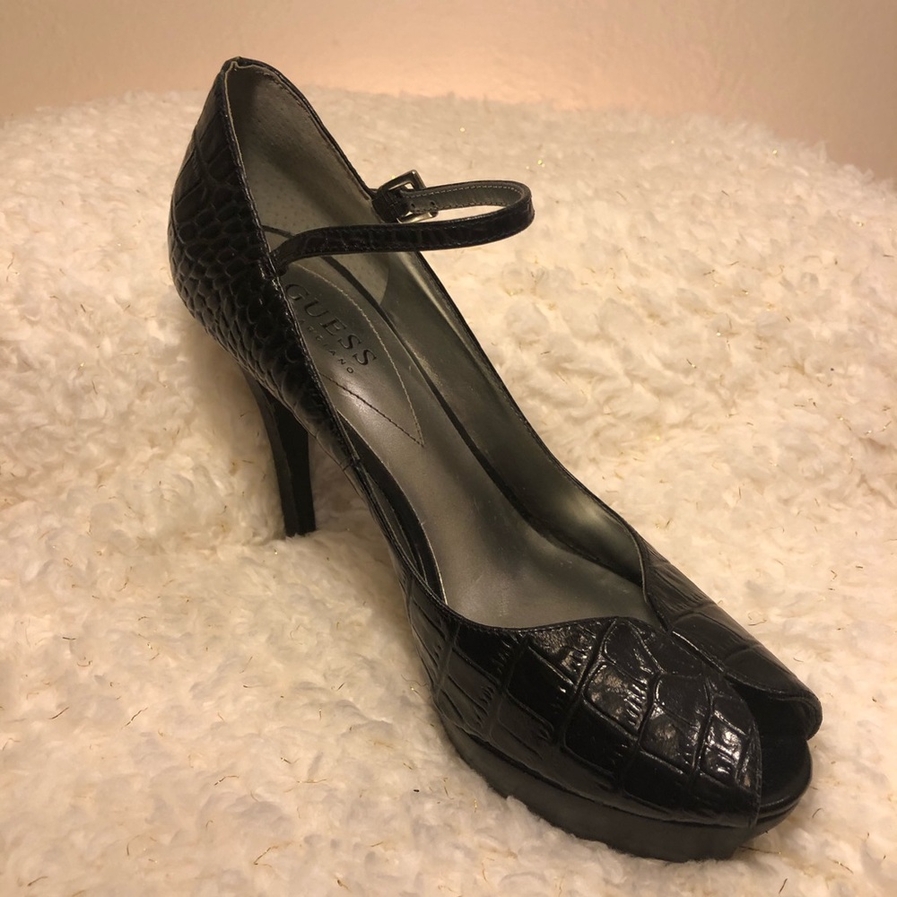 Guess Black Peep Toe Heels With Strap